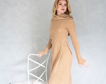 Long Hooded Knit Dress with Thumb Holes, Maxi Winter Dress