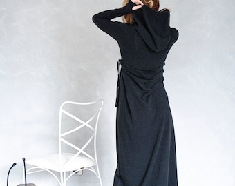 Long Black Maxi Winter Dress, Hooded Sweater Dress, Knitted Maxi Dress, Cotton Dress for Women, Fall Sweatshirt Dress, Plus Size Clothing