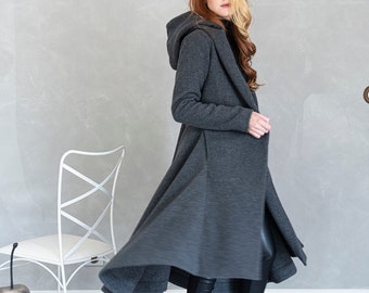 Women Wool Coat, Hooded Coat, Winter Coat, Winter Clothing, Asymmetric Coat, Gothic Coat, Steampunk Coat, Pocket Coat, Plus Size Clothing