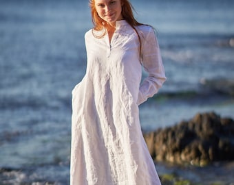 White Dress, Linen Dress, Modest Dress, Linen Shirt Dress, Plus Size Maxi Dress, Summer Linen Dress, Long Sleeve Linen Dress,Modest Clothing