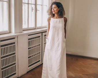 Robe en lin blanche, robe longue en lin, robe en lin simple, robe en lin à fines bretelles, vêtements grande taille, robe en lin femme, vêtements en lin