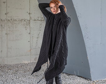 Cardigan in lana nera, design avvolgente asimmetrico, cappotto in maglia da donna