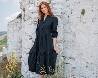 Black Linen Dress, Linen Midi dress, Linen Puff Sleeve Dress, Linen Victorian Dress, Vintage Dress, Summer Dress, Plus Size Linen Dress