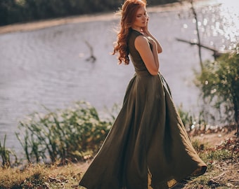 Vestido largo de lino, vestido envolvente verde sin mangas, vestido maxi, vestido maxi de lino, vestido maxi de verano, vestido militar, ropa de lino de talla grande