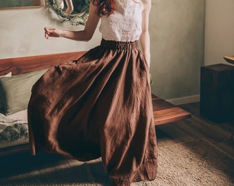 Linen Maxi Skirt with Elastic Waist, Summer Maxi Skirt in Cacao Linen, Plus Size Maxi Skirt, Women Linen Skirt, High Waist Skirt for Women