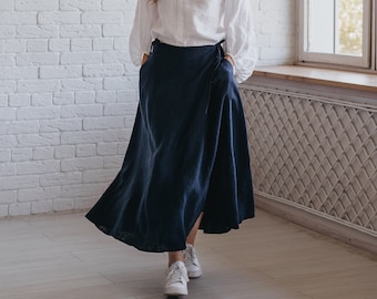 Heavy Linen Wrap Skirt in Night Blue, Tie Waist Linen Skirt with Pockets, Linen Swing Skirt, Fall Linen Clothing for Women, Linen Midi Skirt