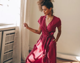 Vestido midi de lino, vestido de lino burdeos, vestido cruzado de lino con bolsillos, vestido de lino para mujer, vestido de verano de lino, ropa de lino más tamaño