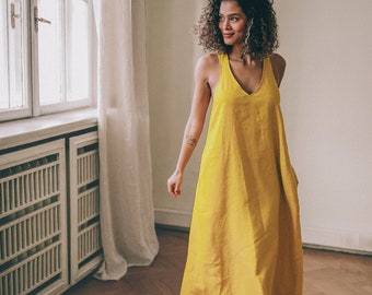 Mustard Linen Dress with Pockets, Linen Maxi Dress, Summer Maxi Dress for Women, Sleeveless Linen Dress, Linen Summer Dress, Summer Dress