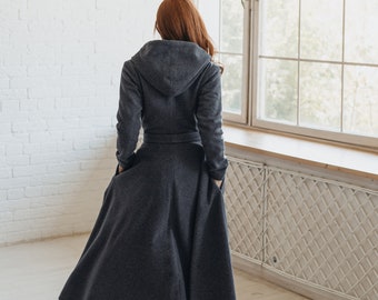 Abrigo de lana con capucha y corte A, abrigo gris con vuelo, ropa de invierno