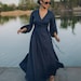 Linen Maxi Dress in Night Blue, Linen Wrap Dress, Summer Dress, Bell Sleeve Dress, Plus Size Maxi Dress, Puff Sleeve Linen Dress for Women