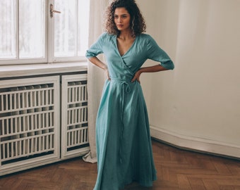 Blue Green Linen Maxi Dress, Summer Linen Wrap Dress, Plus Size Maxi Dress for Women, Long Wrap Linen Dress with Pockets, Linen Clothing,