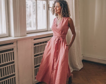 Robe d'été en lin, Robe midi en lin, Robe portefeuille en lin, Robe en lin rose vintage, Robe en lin pour femme, Robe en lin sans manches, Vêtements en lin