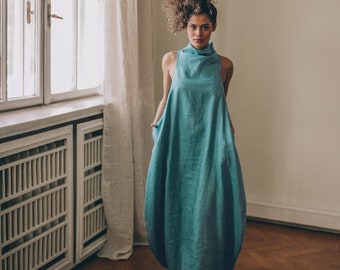 Vestido de lino verde azul, vestido maxi de lino, vestido maxi de verano, vestido de lino de burbujas, cuello alto de vestido de lino sin mangas, ropa de lino de talla grande