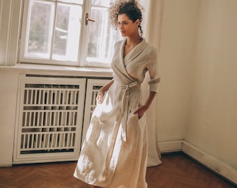 Robe portefeuille en lin avec col châle et poches, Robe en lin naturel pour femme, Robe midi en lin printanière, Robe nouée à la taille, Robe grande taille