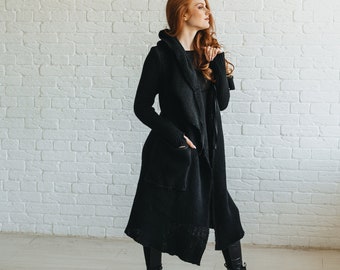 Long Wool Cardigan: Black Hooded, Chunky Knit, Cozy Fall Coat