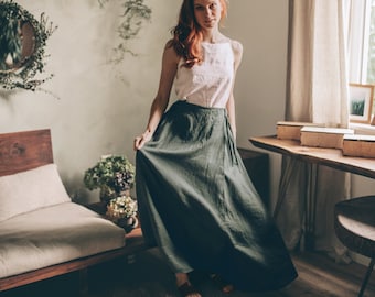 Elegant Linen Wrap Skirt, Summer Linen Skirt, Long Linen Skirt, Women Linen Skirt, Military Green Skirt With Pockets and Tie,Plus Size Linen