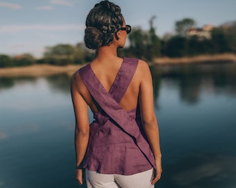 Haut d'été en lin violet améthyste, haut en lin féminin avec dos croisé, haut dos nu pour femme, vêtements en lin grande taille, haut bohème en lin