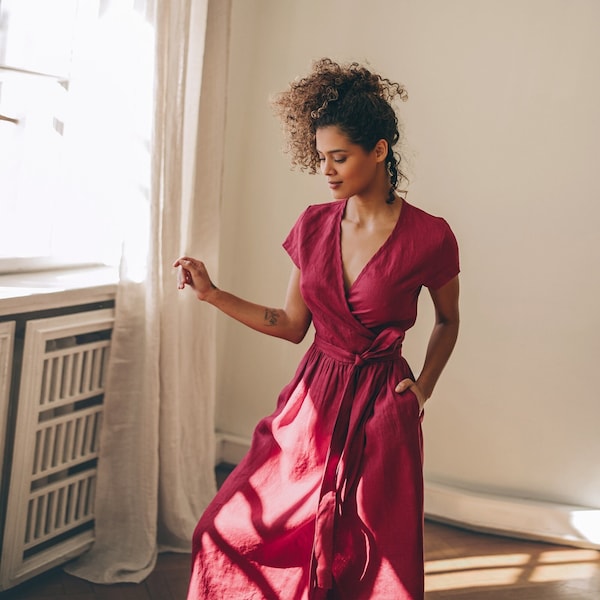 Linen Midi Dress, Burgundy Linen Dress, Linen Wrap Dress with Pockets, Linen Dress for Women, Linen Summer Dress, Linen Clothing Plus Size