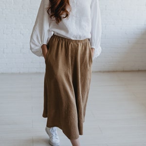 Heavy Linen Skirt, Linen Midi Skirt, Beige Linen Skirt, Fall Linen Skirt, Classic Skirt Women, Linen Skirt With Pockets, Elastic Waist Skirt