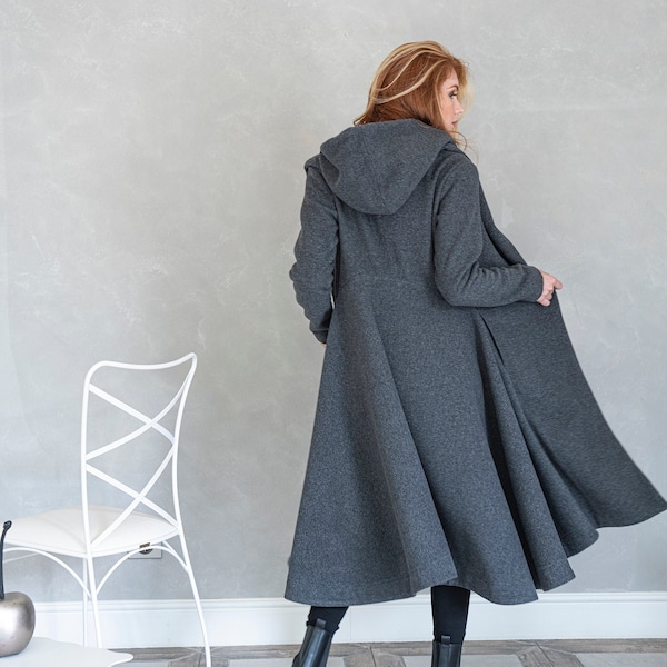 Merino Wool Coat for Women, Classic Winter Coat, Hooded Coat, Grey Wool Coat, Plus Size Cardigan Coat, Autumn Swing Coat, Bohemian Clothing