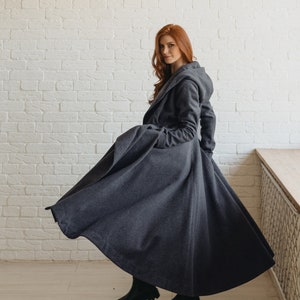 Gray Winter Coat with Hood, Warm Overcoat for Women,  Wool Coat, Merino Wool Coat, Belted Princess Coat
