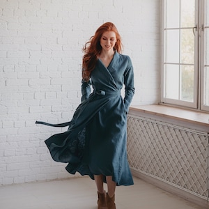 Petrol Blue Linen Wrap Dress with Shawl Collar, Fall Linen Dress with Pockets, Flowy Linen Midi Dress, Heavyweight Linen Clothing for Women