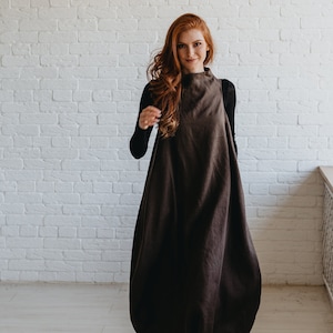 Heavyweight  Linen Dress Women, Balloon Style  with Pockets, Midi Length