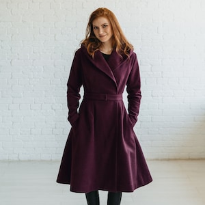 Hooded Wool Coat, Winter Coat for Women, Classic Winter Coat, Knee Length Overcoat, Vintage Style Fall Winter Cape Coat,Burgundy Wool Jacket