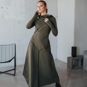 Cotton Blend Maxi Hoodie Dress: Asymmetric Hem, Thumb Hole Sleeves