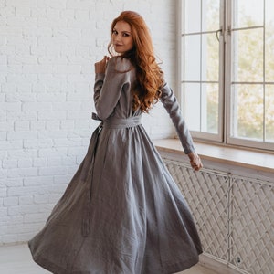 Long Sleeve Linen Midi Dress, Gray Linen Dress For Women, Heavy Linen Dress, Fall Linen Dress with Pockets, Plus Size Linen Clothing image 1