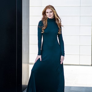 Cotton Maxi Dress, Long Turtleneck Dress, Long Sleeve Bodycon Dress, Green Sweater Dress for Women, Winter Maxi Dress, Plus Size Maxi Dress