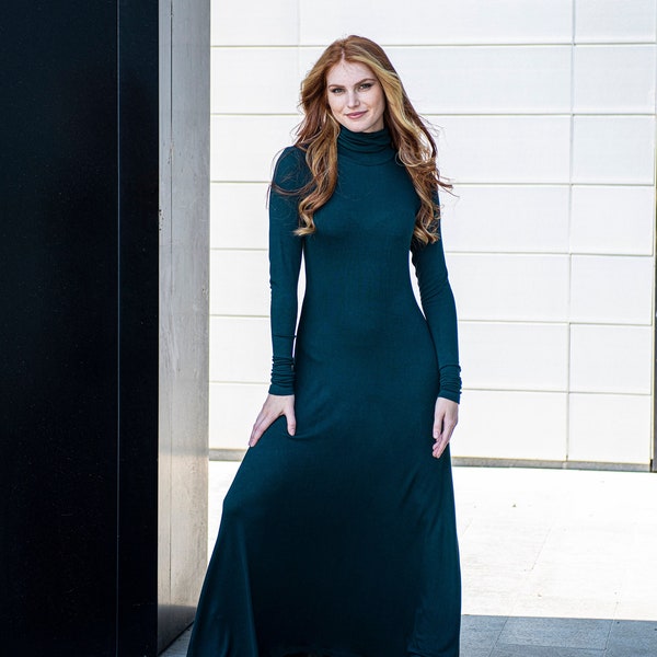 Baumwoll-Maxikleid, langes Rollkragenkleid, langärmeliges, figurbetontes Kleid, grünes Pulloverkleid für Frauen, Winter-Maxikleid, Plus-Size-Maxikleid