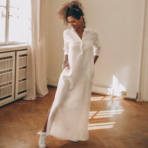 Biała lniana sukienka maxi, boho kaftan, odzież letnia