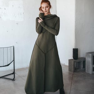 Hooded Winter Dress  for Women, Cotton Maxi Dress with Hood, Plus Size Sweatshirt Dress, Winter Military Green Maxi Dress, Long Hoodie Dress