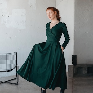 Winter Wool Dress for Women, Wool Wrap Dress, Long Sleeve Wool Dress, Formal Fall Dress, Elegant Wool Clothing
