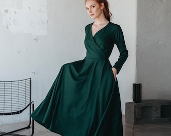 Winter Wool Dress, Wool Wrap Dress, Winter Dress for Women, Autumn Dress, Long Sleeve Wool Dress, Formal Fall Dress, Elegant Wool Clothing