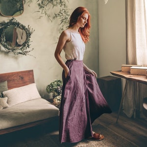 Linen Wrap Skirt with Pockets, Long Maxi Skirt, Plus Size Linen Skirt, Linen Clothing, Victorian Skirt, Bohemian Clothing Women,Purple Skirt image 2