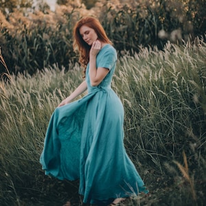 Washed Linen Wrap Dress, Blue Green Linen Dress, Summer Maxi Dress, Bohemian Maxi Dress, Plus Size Dress, Bridesmaid Dress, Linen Clothes