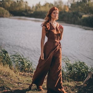 Linen Jumpsuit Women, Wide Leg Jumpsuit, Linen Clothing Plus Size, Zipper Jumpsuit with Pockets, Linen Palazzo Jumpsuit,Summer Linen Overall