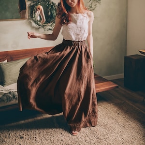 Linen Maxi Skirt with Elastic Waist, Summer Maxi Skirt in Cacao Linen, Plus Size Maxi Skirt, Women Linen Skirt, High Waist Skirt for Women image 1