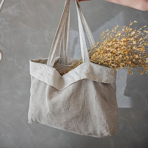 Natural Linen Tote, Linen Tote With Pocket, Linen Beach Bag, Linen Shopping Bag, Linen Shoulder Bag, Large Linen Bag, Roomie Linen Bag