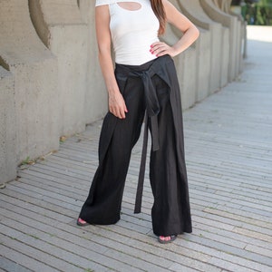 Wrap Linen Pants, Plus Size Linen Pants, Wide Leg Pants, Summer Linen Pants, Linen Clothing, Black Pants, Bohemian Pants, Plus Size Clothing image 1