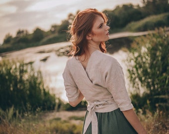 Omkeerbare linnen top, wikkeltop, linnen bijgesneden shirt, stropdas taille linnen top, linnen vintage blouse, natuurlijke linnen top, plus size linnen kleding