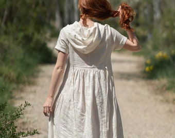 Summer Linen Dress, Hooded Maxi Dress, Plus Size Clothing