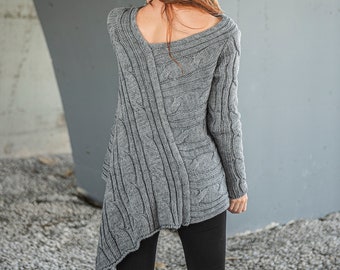 Asymmetric Reversible Wool Sweater, Oversized Sweater, Winter Sweater, Off Shoulder Knit Sweater, Plus Size Sweater Women, Loose Knit Tunic