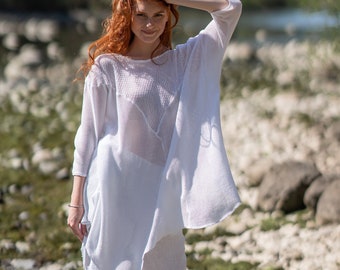 READY TO SHIP  White Summer Sweater, Sheer Tunic Top, Knit Tunic, Cotton Tunic, See Through Tunic, Plus Size Sheer Blouse