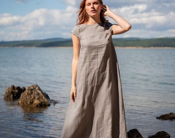 Linen Maxi Dress, Long Linen Dress, Minimalist Linen Clothing for Women