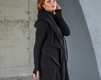 Cappotto in maglia con tasca e cappuccio, cappotto in maglia, cardigan in lana, abbigliamento invernale