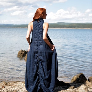 Linen Maxi Dress, Linen Summer Dress, Linen Clothing, Avant Garde Linen Dress for Women, Boho Linen Dress, Sleeveless Dark Blue Linen Dress