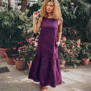 Sleeveless Linen Dress with Pockets, Light Linen Dress for Women, Linen Tiered Dress, Summer Midi Dress in Purple, Minimalist Linen Dress